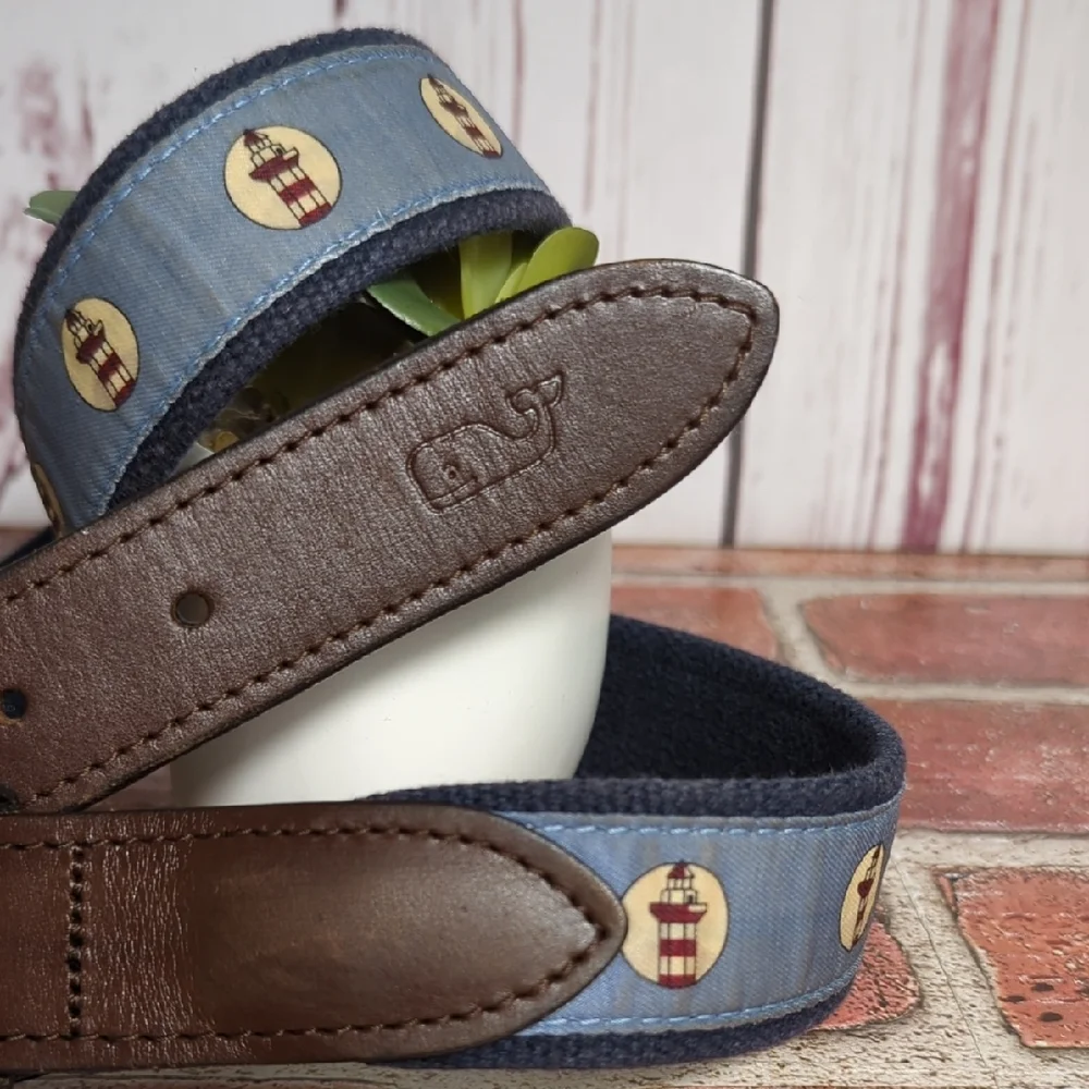 Vineyard Vines Lighthouse Belt Brown Leather and Blue‎ Canvas Size 32 Nautical